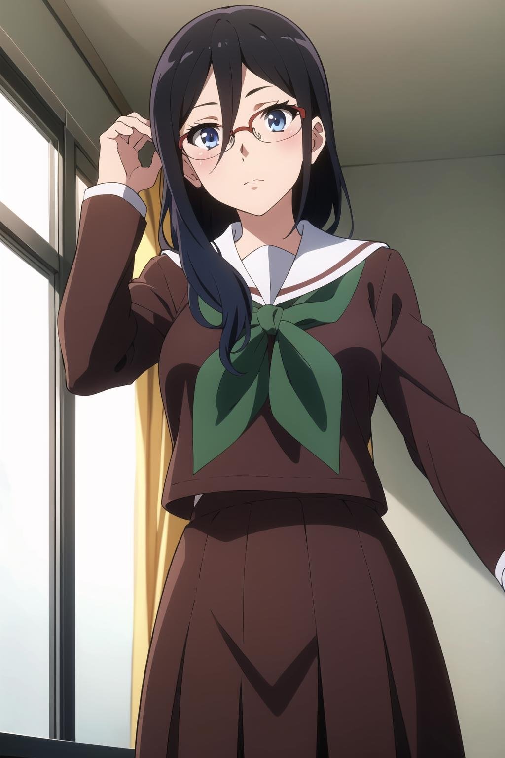 ((best quality)),((highly detailed)),masterpiece,absurdres,detailed face,beautiful face,(detailed eyes, deep eyes),1girl,((dynamic pose)),   <lora:AsukaV1:0.6>,Asuka, kitauji high school uniform, solo, green neckerchief, glasses, black hair, school uniform, long hair, blue eyes, neckerchief, red-framed eyewear, serafuku, looking at viewer, blush, over-rim eyewear, window, sailor collar, semi-rimless eyewear, cowboy shot, brown shirt, hair between eyes, expressionless, indoors