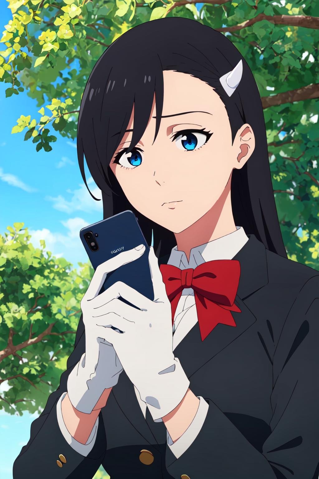 ((best quality)),((highly detailed)),masterpiece,absurdres,detailed face,beautiful face,(detailed eyes, deep eyes),1girl,((dynamic pose)),  <lora:NoelV1:0.6>, Noel, solo, blue eyes, black hair, phone, gloves, hair ornament, cellphone, long hair, tree, hairclip, bow, white gloves, smartphone, school uniform, jacket, holding phone, outdoors, holding, day, red bow, looking down, bowtie, upper body, long sleeves, shirt, blazer, sky, white shirt, closed mouth, breasts
