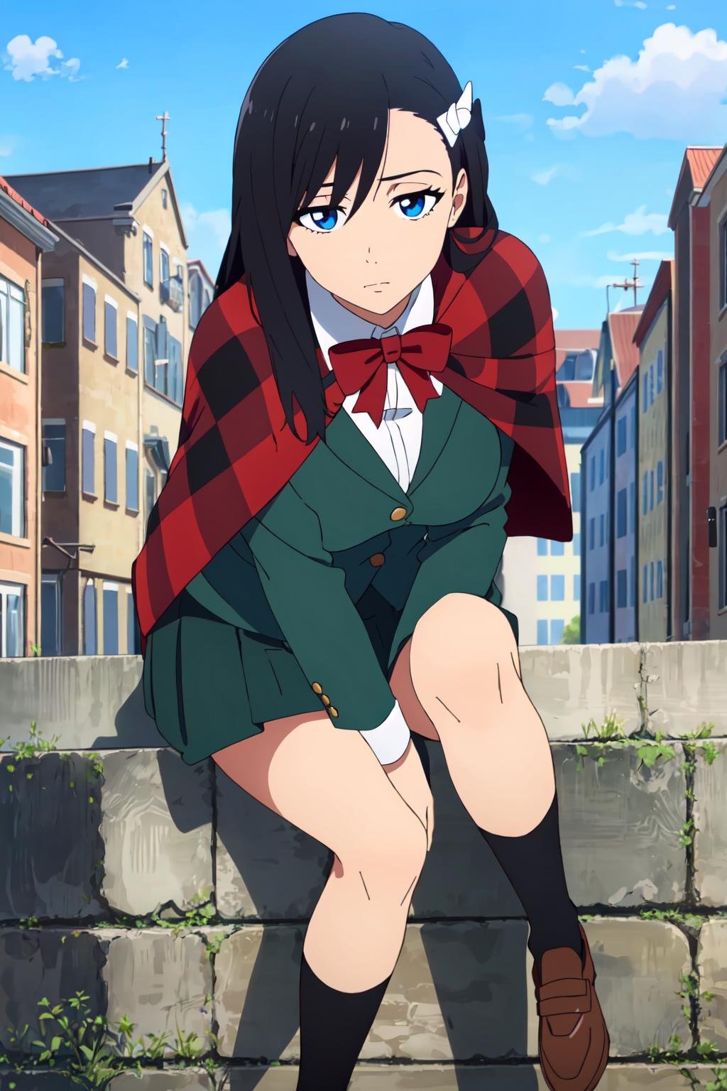 ((best quality)),((highly detailed)),masterpiece,absurdres,detailed face,beautiful face,(detailed eyes, deep eyes),1girl,((dynamic pose)),  <lora:NoelV1:0.6>,Noel, solo, black hair, blue eyes, skirt, school uniform, long hair, sitting, capelet, jacket, pleated skirt, breasts, bow, large breasts, blazer, day, looking at viewer, socks, hair ornament, building, shirt, plaid, sky, ribbon, outdoors