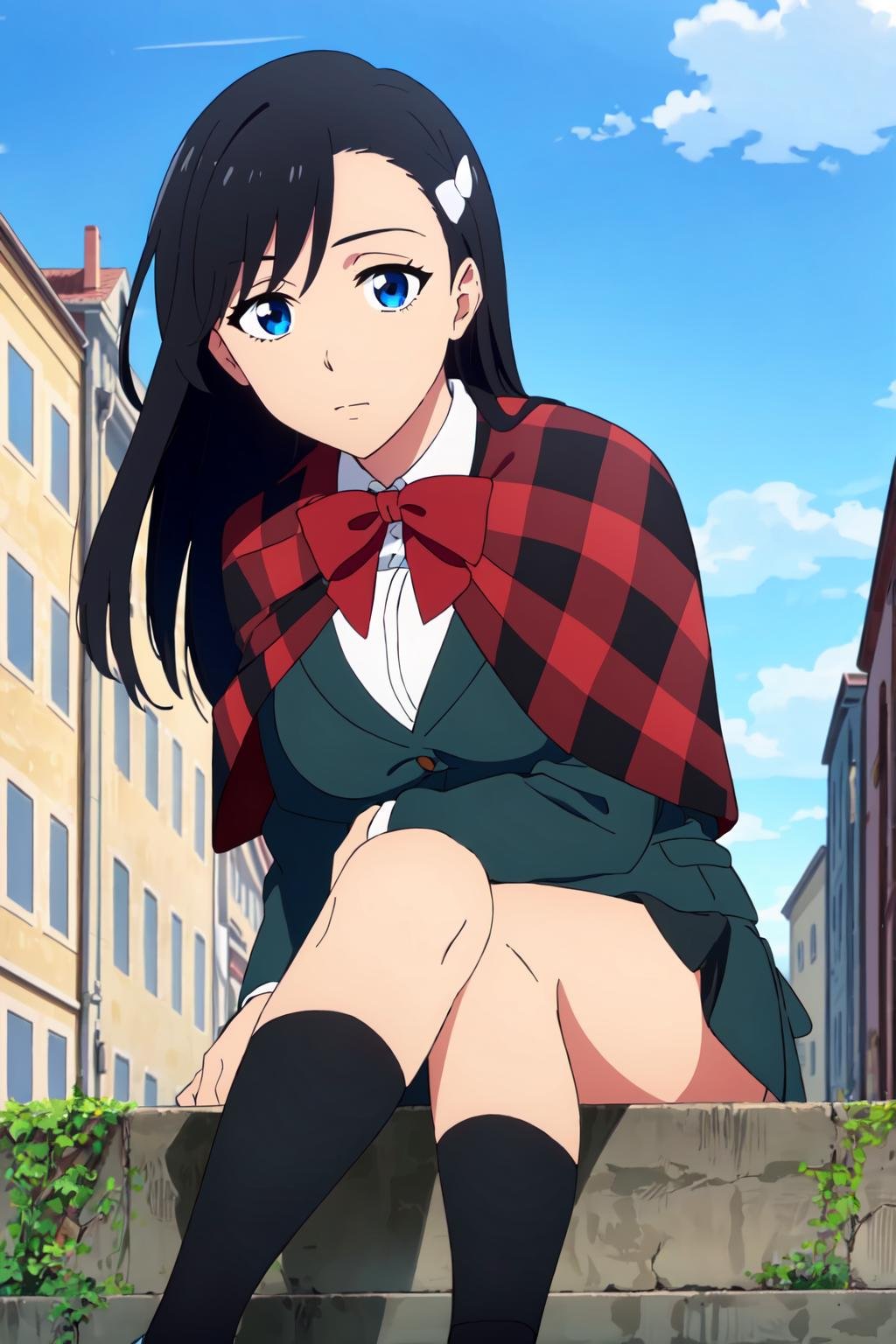 ((best quality)),((highly detailed)),masterpiece,absurdres,detailed face,beautiful face,(detailed eyes, deep eyes),1girl,((dynamic pose)),  <lora:NoelV1:0.6>,Noel, solo, black hair, blue eyes, skirt, school uniform, long hair, sitting, capelet, jacket, pleated skirt, breasts, bow, large breasts, blazer, day, looking at viewer, socks, hair ornament, building, shirt, plaid, sky, ribbon, outdoors