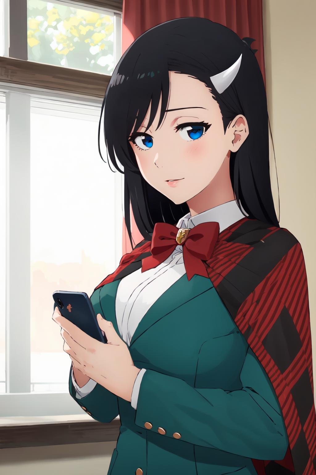 ((best quality)),((highly detailed)),masterpiece,absurdres,detailed face,beautiful face,(detailed eyes, deep eyes),1girl,((dynamic pose)),  <lora:NoelV1:0.8>,Noel, black hair, phone, solo, blue eyes, long hair, cellphone, school uniform, smartphone, jacket, holding phone, holding, upper body, horns, bow, blazer, bangs, indoors, shirt, red bow, breasts, long sleeves, white shirt, bowtie, looking at phone, green jacket, collared shirt, argyle, sitting, red bowtie, buttons, large breasts