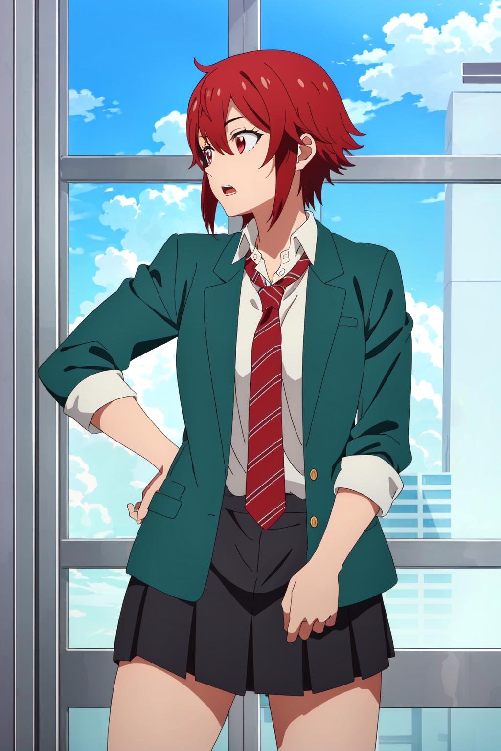 ((best quality)),((highly detailed)),masterpiece,absurdres,detailed face,beautiful face,(detailed eyes, deep eyes),1girl,((dynamic pose)),   <lora:TomoV1:0.5>, Tomo, red hair, red eyes, solo, skirt, school uniform, necktie, short hair, jacket, shirt, blazer, sleeves rolled up, pleated skirt, white shirt, green jacket, hair between eyes, red necktie, window, striped necktie, striped, open clothes, cloud, cowboy shot, collared shirt, indoors, dress shirt, open jacket, shorts, sky, bangs, standing, looking away, loose necktie, long sleeves, looking to the side, open mouth