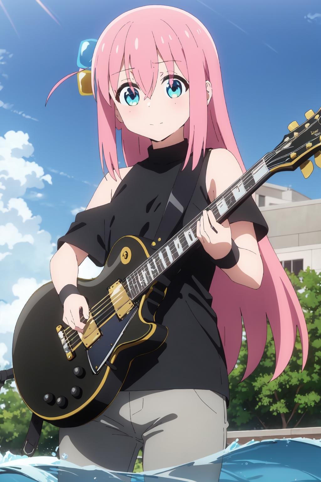 ((best quality)),((highly detailed)),masterpiece,absurdres,detailed face,beautiful face,(detailed eyes, deep eyes),(1girl),((dynamic pose)),<lyco:Bocchi:0.8>Bocchi, 1girl, cube hair ornament, guitar, instrument, pink hair, long hair, electric guitar, hair ornament, solo, gibson les paul, blue eyes, holding instrument, pants, playing instrument, holding, sky, music, wristband, cosplay, hair between eyes, water, outdoors, very long hair, black shirt, looking at viewer, bangs, shirt, blue sky, standing, plectrum, bare shoulders, closed mouth, cowboy shot, hair bobbles, day, parody, one side up, aqua eyes