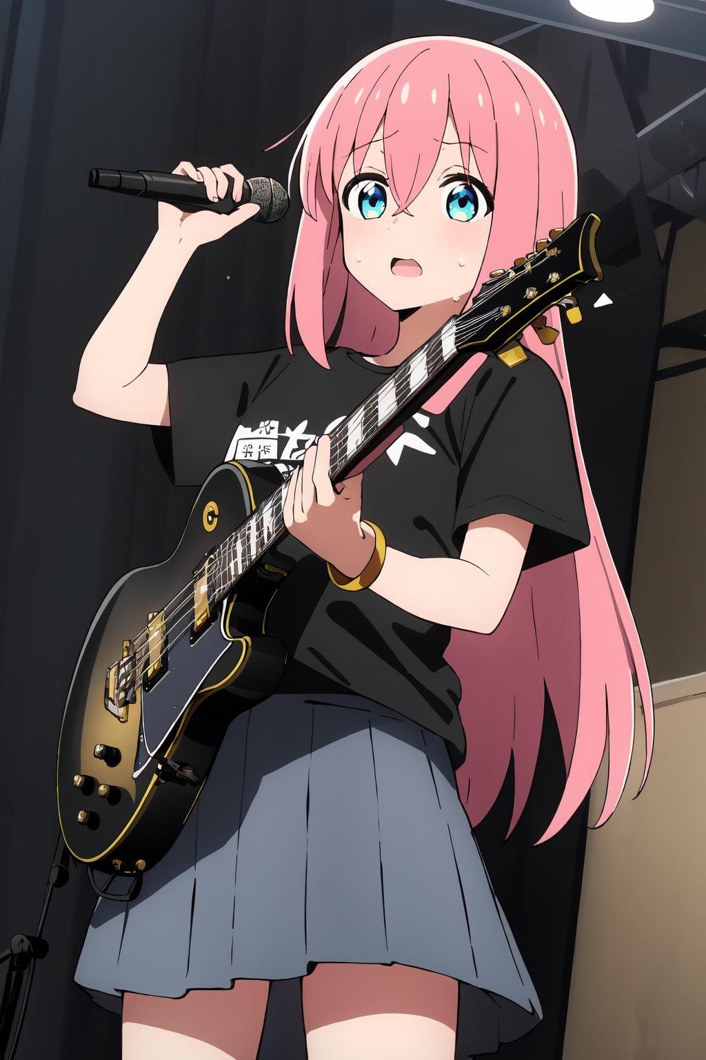 ((best quality)),((highly detailed)),masterpiece,absurdres,detailed face,beautiful face,(detailed eyes, deep eyes),(1girl),((dynamic pose)),<lyco:Bocchi:0.7>Bocchi, 1girl, instrument, long hair, electric guitar, pink hair, cube hair ornament, guitar, gibson les paul, solo, blue eyes, shirt, skirt, holding instrument, grey skirt, black shirt, sweat, holding, music, playing instrument, open mouth, t-shirt, short sleeves, bangs, plectrum, hair between eyes, indoors, bracelet, microphone, jewelry, very long hair, standing, sweatdrop, bass guitar, stage, looking down, microphone stand, hair ornament, black skirt, pleated skirt, cowboy shot, curtains, sidelocks