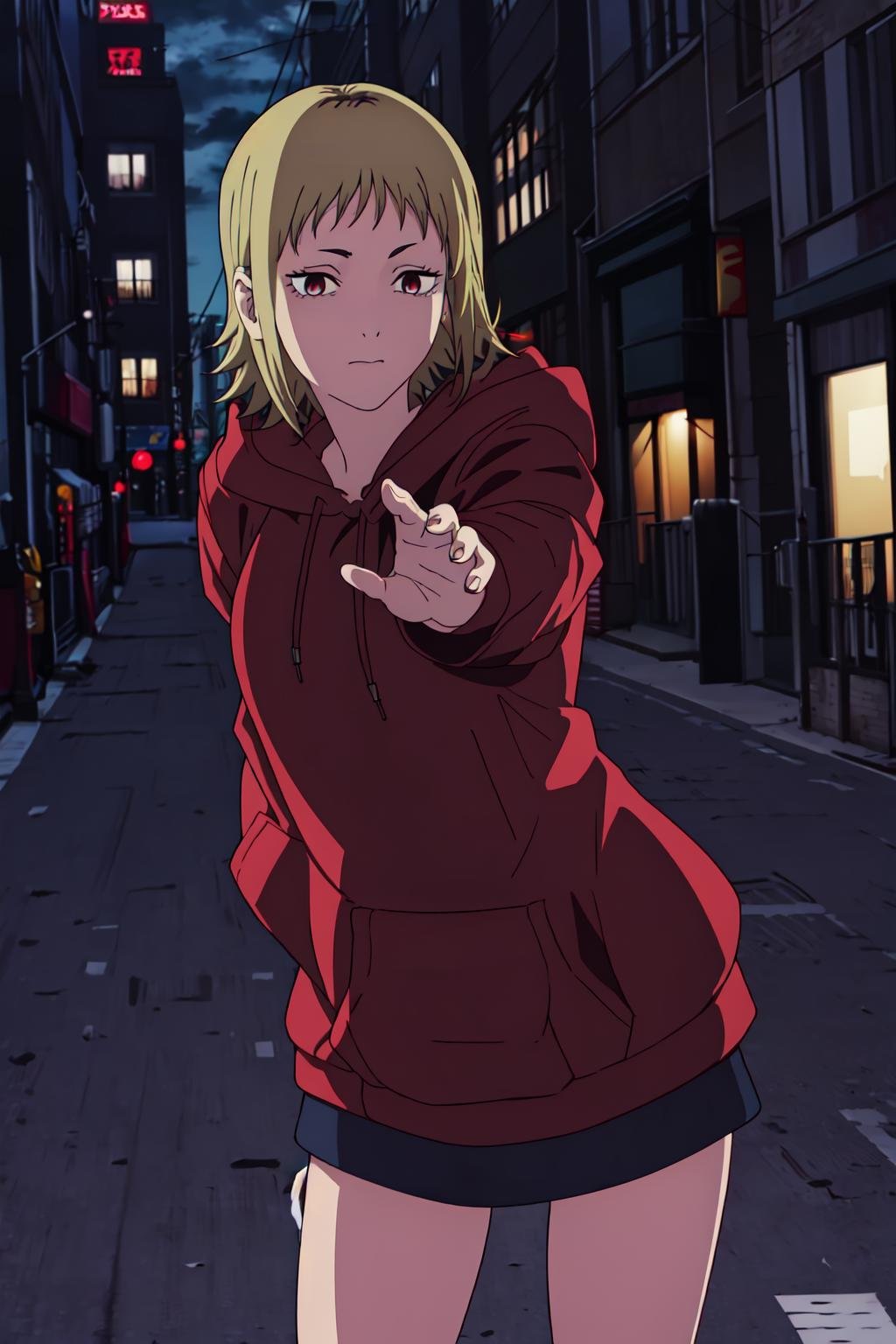 ((best quality)), ((highly detailed)), masterpiece, absurdres, detailed face, beautiful face, (detailed eyes, deep eyes), (1girl), ((dynamic pose)), <lora:akane-20:0.8>Akane, 1girl, solo, hood, blonde hair,  short hair, city background, hoodie, closed mouth, shadow, red eyes, nighttime, city lights, hood down, brown hair,  full body,((cowboy shot))