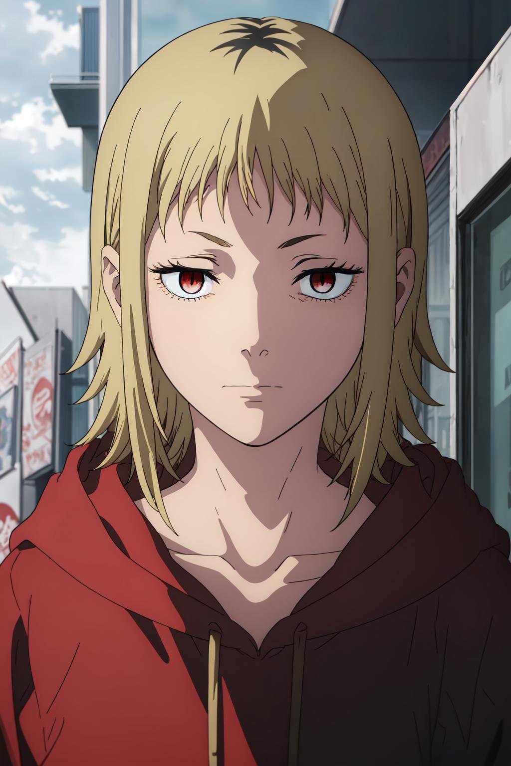 ((best quality)), ((highly detailed)), masterpiece, absurdres, detailed face, beautiful face, (detailed eyes, deep eyes), (1girl), ((dynamic pose)) <lora:akane-20:0.75>Akane, 1girl, solo, red eyes, blonde hair, hood, short hair, hoodie, red hoodie, hood down, blurry, closed mouth, blurry background, upper body, collarbone, looking at viewer, slit pupils, anime coloring, expressionless, multicolored hair, two-tone hair, bangs, looking down, parody, medium hair, black hair, portrait, depth of field, sidelocks, outdoors, 