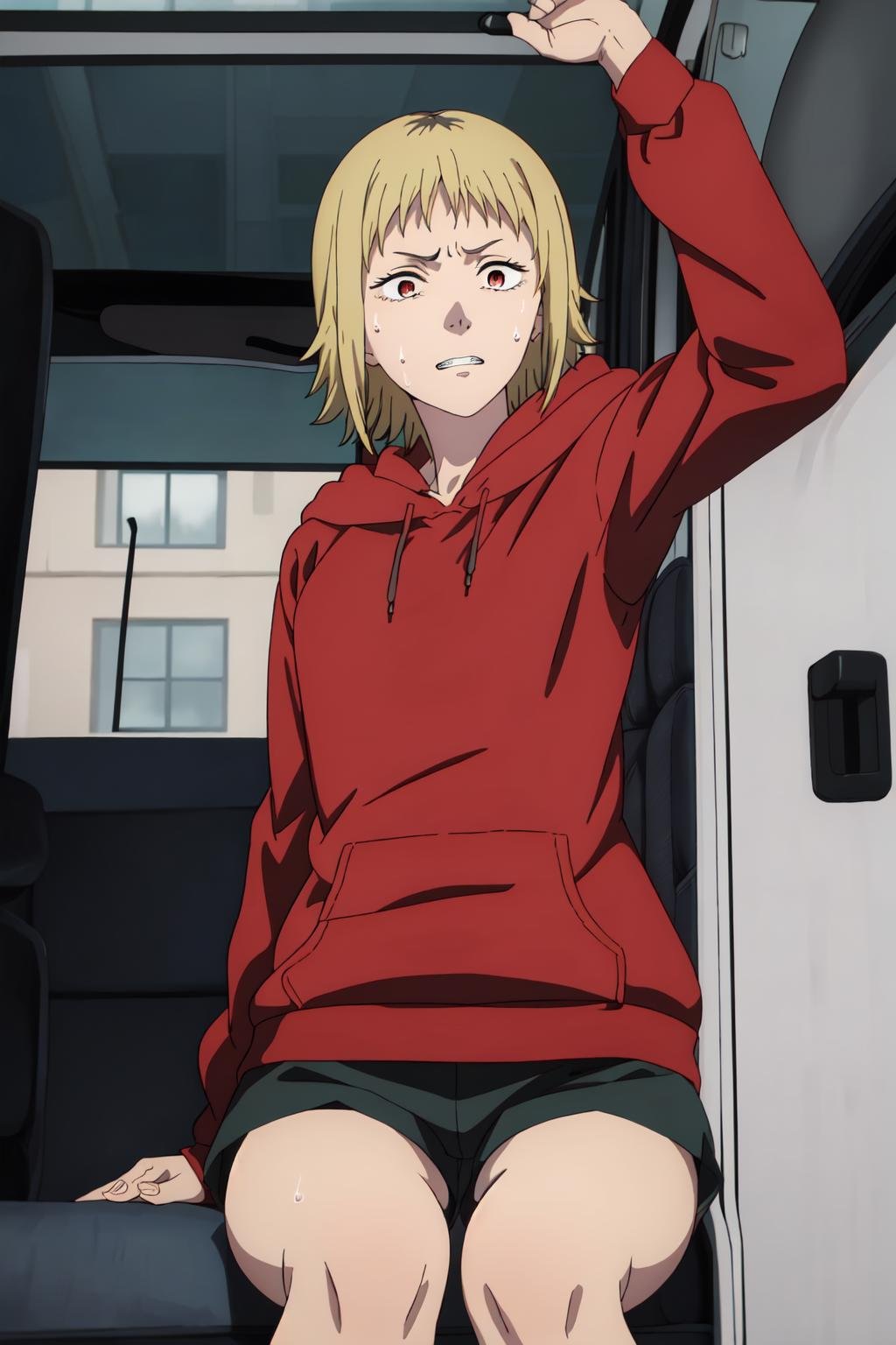 ((best quality)), ((highly detailed)), masterpiece, absurdres, detailed face, beautiful face, (detailed eyes, deep eyes), (1girl), ((dynamic pose)) <lora:akane-20:0.75>Akane, 1girl, solo, car interior, blonde hair, hoodie, hood, red eyes, sitting, short hair, sweatdrop, red hoodie, car, motor vehicle, hood down, ground vehicle, long sleeves, teeth, window, clenched teeth, indoors, from below, dark, arm up, parted lips, bangs, shorts, sweat, blurry