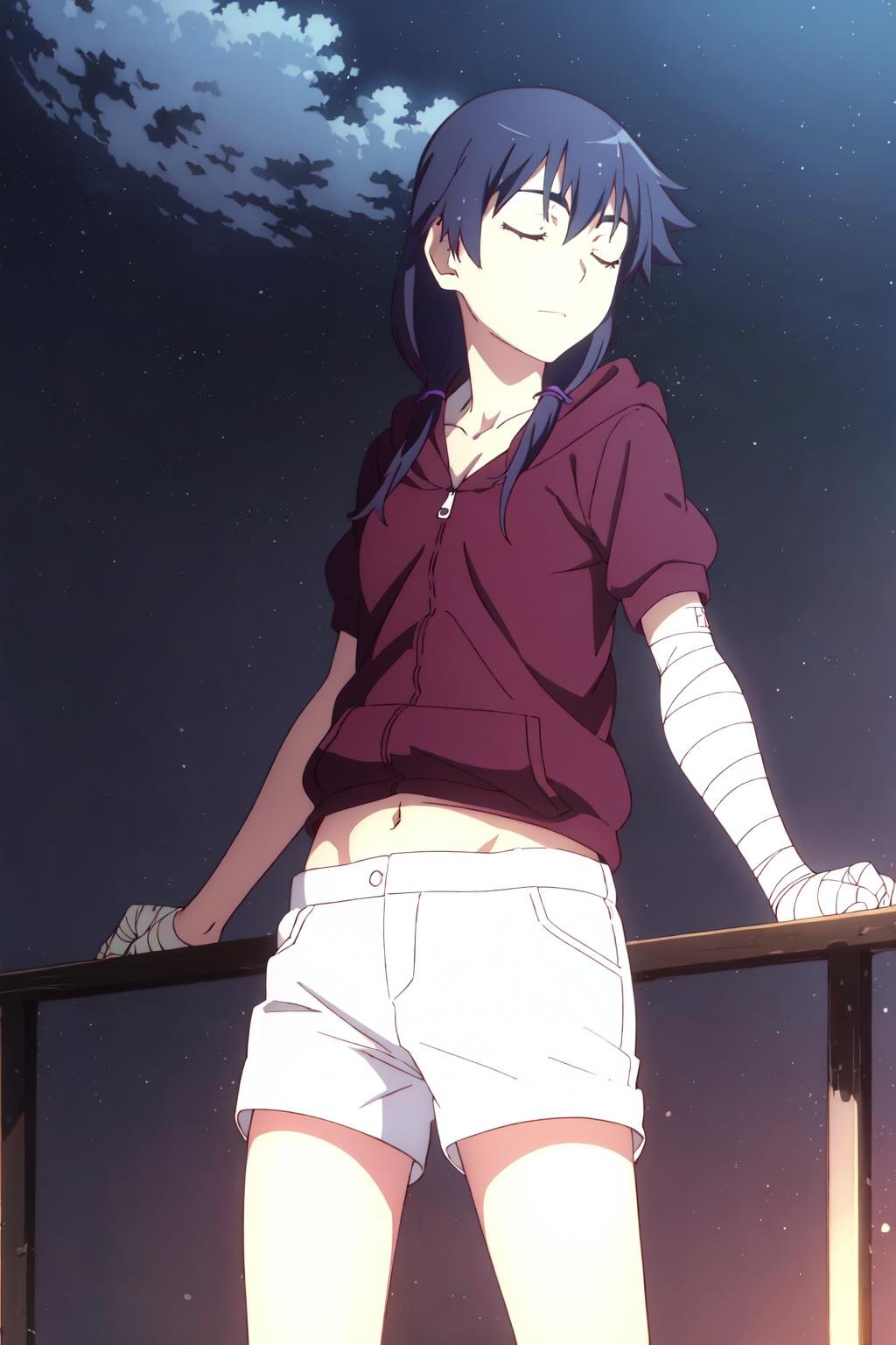 nsfw,(extremely detailed CG unity 8k wallpaper),(masterpiece),(best quality),(ultra-detailed),(best illustration),(best shadow),(absurdres),<lora:kanbaru-7:0.7>,Kanbaru, 1girl, solo, closed eyes, twintails, shorts, bandages, sky, hood, hoodie, black hair, long hair, night, navel, white shorts, low twintails, cloud, short hair, bandaged arm, blue hair