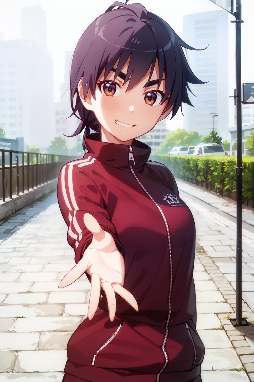 ((best quality)), ((highly detailed)), masterpiece, absurdres, detailed face, beautiful face, (detailed eyes, deep eyes), (1girl), ((dynamic pose)),<lyco:kanbaru-07:0.9>, Kanbaru, 1girl, solo, tomboy, short hair, ponytail,jacket, black hair, brown eyes, upper body, track jacket, looking at viewer, brown hair, frown, parody, zipper, dark, long sleeves, thick eyebrows, serious, closed mouth,((cowboy shot)), grin