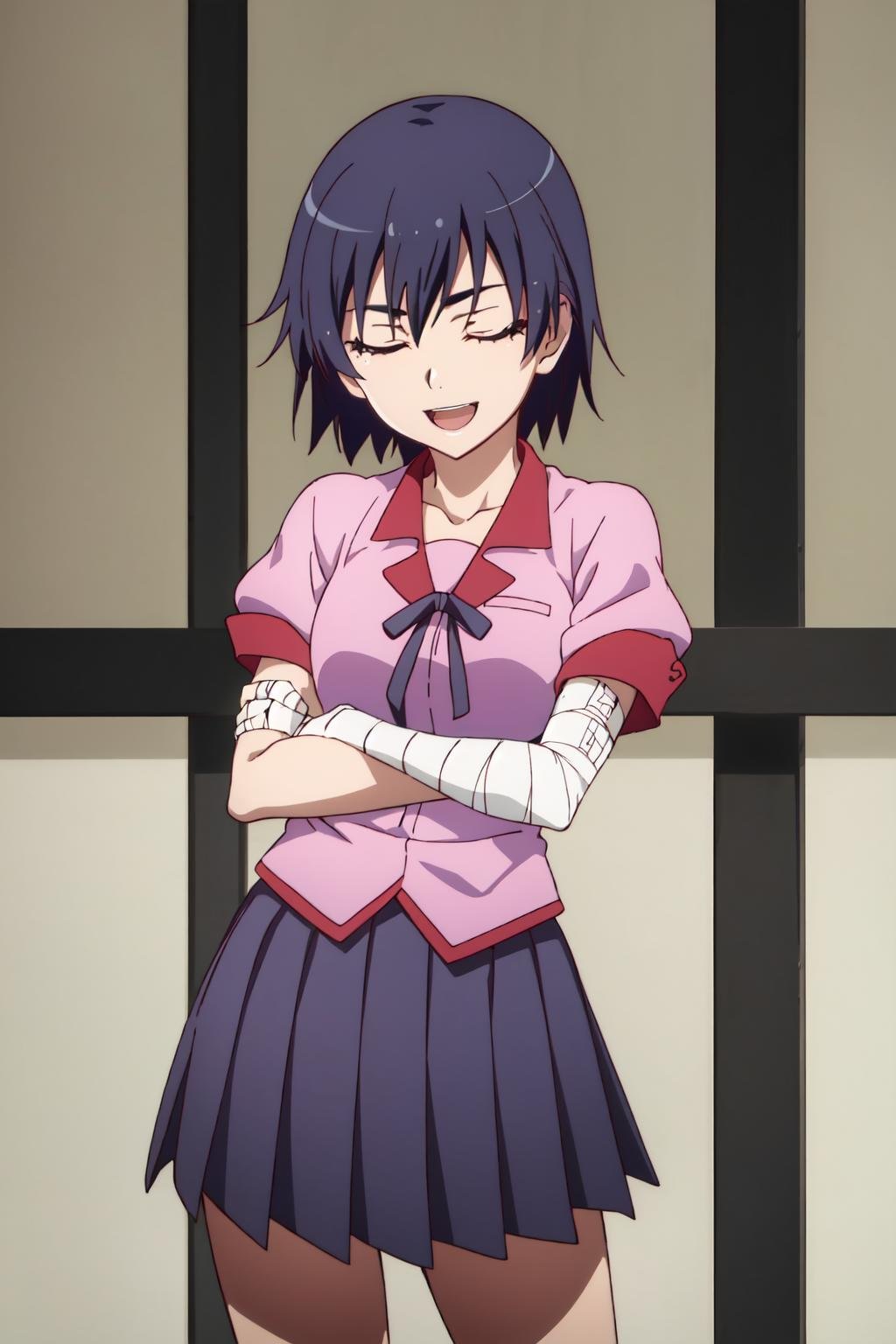 ((best quality)), ((highly detailed)), masterpiece, absurdres, detailed face, beautiful face, (detailed eyes, deep eyes), (1girl), ((dynamic pose)),<lyco:kanbaru-07:0.9>, Kanbaru, 1girl, naoetsu high school uniform, solo, school uniform, short hair, bandages, closed eyes, skirt, black hair, open mouth, smile, blue hair, bandaged arm, parody, ribbon, purple hair, pleated skirt((cowboy shot)), 