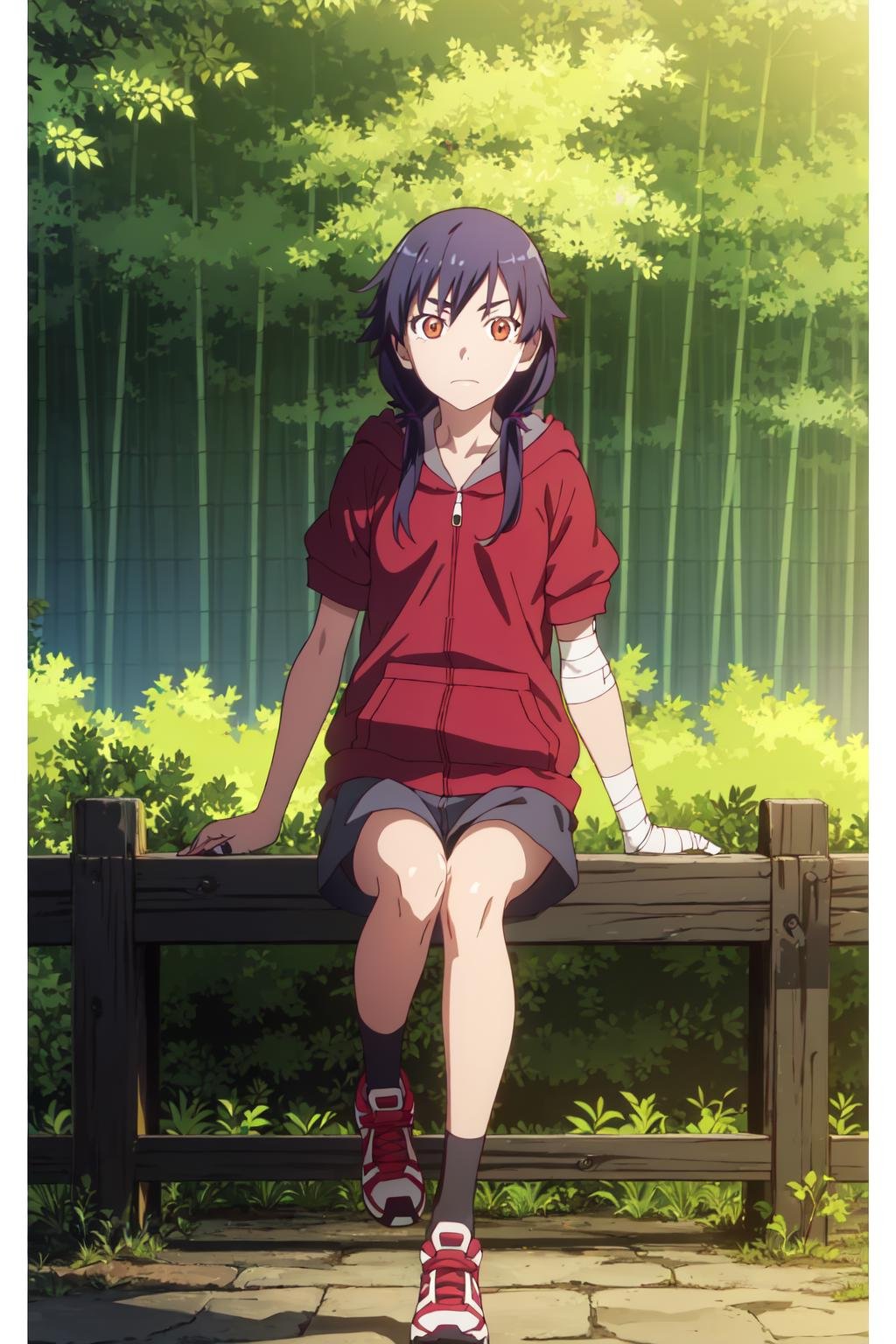 (extremely detailed CG unity 8k wallpaper),(masterpiece),(best quality),(ultra-detailed),(best illustration),(best shadow),(absurdres),  <lyco:kanbaru-07:0.9>Kanbaru, 1girl, solo, forest, bandages, twintails, nature, sitting, bamboo, bamboo forest, black hair, shoes, brown eyes, hood, hoodie, sneakers, long hair, bandaged arm, skirt, shorts, blue hair, tree, frown, orange eyes, no humans, looking at viewer, low twintails, jacket, red eyes, outdoors, dark, legs, socks, short hair