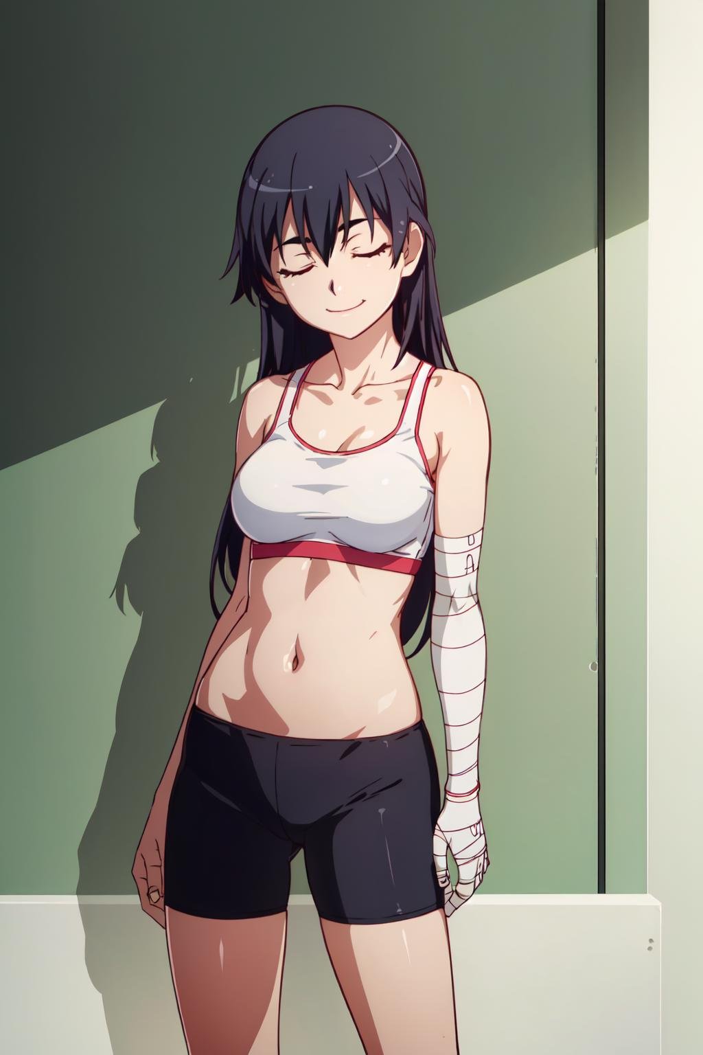 (extremely detailed CG unity 8k wallpaper),(masterpiece),(best quality),(ultra-detailed),(best illustration),(best shadow),(absurdres),  <lyco:kanbaru-07:0.9>Kanbaru, 1girl, solo, bike shorts, long hair, closed eyes, black hair, bandages, navel, midriff, breasts, standing, medium breasts, shorts, bare shoulders, smile