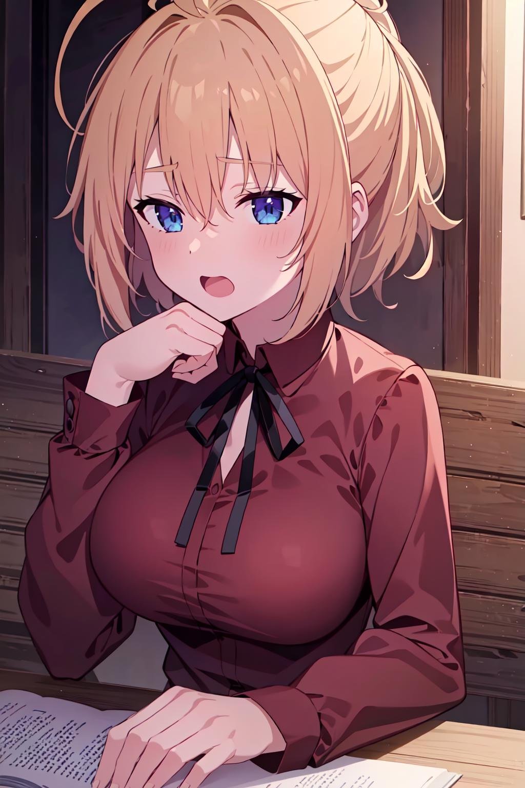 (extremely detailed CG unity 8k wallpaper),(masterpiece),(best quality),(ultra-detailed),(best illustration),(best shadow),(absurdres),   <lora:Zenith_Greyrat__Mushoku_Tensei:0.7>, zenith, 1girl, solo, blonde hair, ponytail, open mouth, blue eyes, ahoge, anime coloring, ribbon, upper body, shirt, long hair, parody, long sleeves, neck ribbon, short hair, breasts, indoors, sitting, hand up, brown shirt, chair