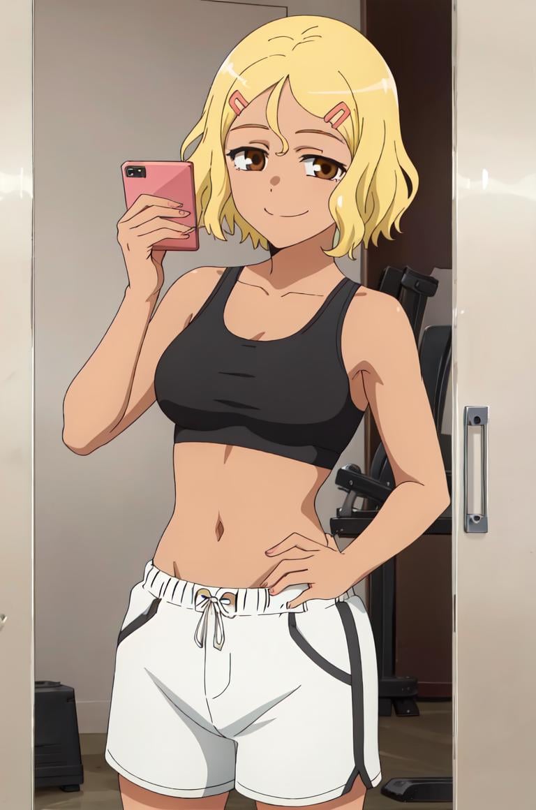 best quality, (masterpiece:1.2), detailed, perfect face, beautiful face,<lora:Sakura:0.7>,Sakura, blonde hair, 1girl, hair ornament, smile, solo, hairclip, short hair, brown eyes, dark skin,((perfect female body)),sports bra, gym shorts, cowboy shot,smile, <lora:MirrorSelfieLora:0.7>, anime, mirror selfie, holding phone,