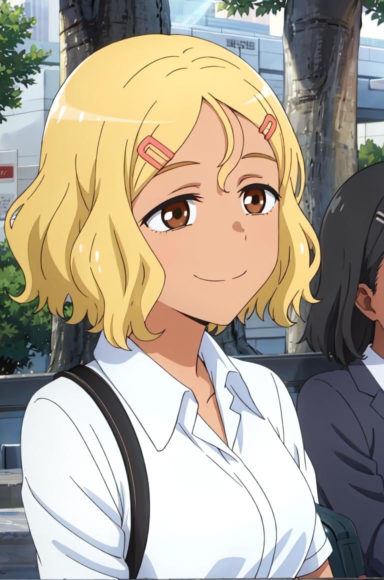 best quality, (masterpiece:1.2), detailed, perfect face, beautiful face,<lora:Sakura:0.7>,Sakura, blonde hair, brown eyes, hair ornament, hairclip, dark-skinned female, scrunchie, dark skin, shirt, wrist scrunchie, short hair, smile, gyaru, school uniform, multiple girls, tree, black hair, 2girls, bag, solo focus, white shirt, 1girl