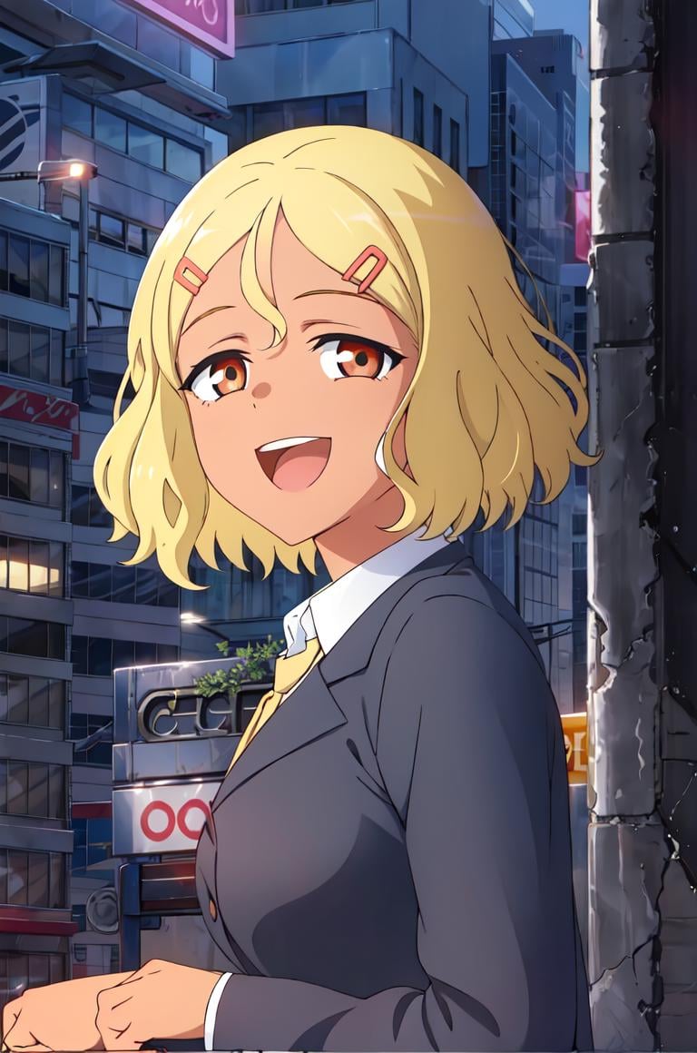 1girl, solo,sitting, cyberpunk cityscape,night city \(city\), stealth in the city, masterpiece, school uniform, professional artwork, famous artwork, perfect face,(glowing eyes:1), beautiful face, intense look,<lora:Sakura:0.7>, Sakura, blonde hair, hair ornament, hairclip, smile, open mouth, brown eyes,dark skin, glowing eyes, breasts, short hair, background city,looking away from viewer, sitting