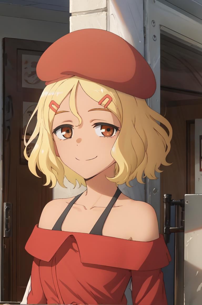 best quality, (masterpiece:1.2), detailed, perfect face, beautiful face,<lora:Sakura:0.7>,Sakura, 1girl, blonde hair, hat, solo, smile, brown eyes, hairclip, short hair, hair ornament, beret, off shoulder, looking at viewer, bare shoulders, dark skin, shirt, bag, long sleeves, dark-skinned female, collarbone