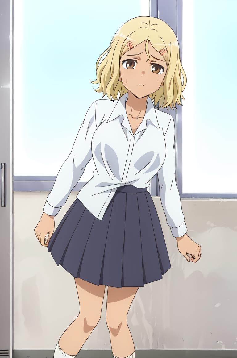 best quality, (masterpiece:1.2), detailed, perfect face, beautiful face,<lora:Sakura:0.7>,Sakura, 1girl, skirt, blonde hair, solo, hair ornament, shirt, hairclip, school uniform, white shirt, socks, pleated skirt, dark-skinned female, frown, looking at viewer, indoors, brown eyes, dark skin, window, long sleeves, white socks, short hair, collared shirt, blue skirt, breasts, gyaru, sweatdrop