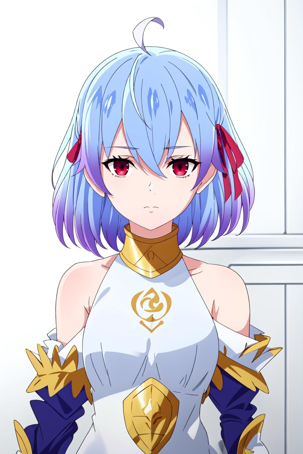 (exceptional, best aesthetic, new, newest, best quality, masterpiece, extremely detailed),<lora:Ruti_V2:0.75>,Ruti, 1girl, solo, ribbon, hair ribbon, short hair, metal collar, red eyes, blue hair, ahoge, multicolored hair, meme, armlet, gradient hair, collar, jewelry, bangs, parody, armor, expressionless, bare shoulders, closed mouth, looking at viewer, hair between eyes