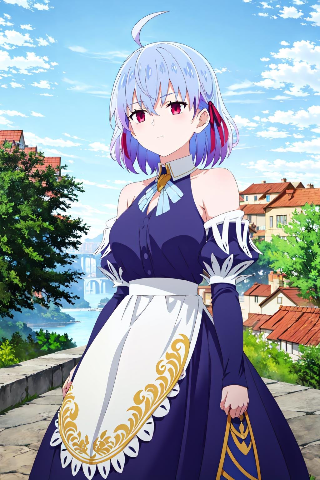 (exceptional, best aesthetic, new, newest, best quality, masterpiece, extremely detailed),<lora:Ruti_V2:0.7>,Ruti, 1girl, solo, blue hair, ribbon, ahoge, red eyes, short hair, hair ribbon, bare shoulders, multicolored hair, sky, kama (fate), dress, gradient hair, outdoors, looking to the side, breasts, day, flower, blue sky, expressionless, red ribbon, hair between eyes