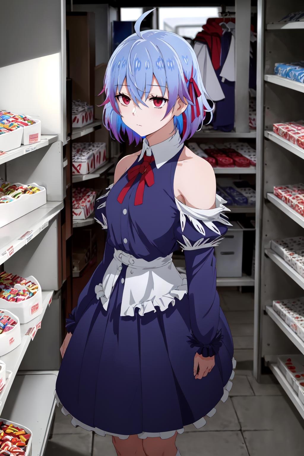 (exceptional, best aesthetic, new, newest, best quality, masterpiece, extremely detailed),<lora:Ruti_V2:0.75>,Ruti, 1girl, solo, hair ribbon, short hair, metal collar, red eyes, blue hair, ahoge, multicolored hair,  school uniform, skirt,  expressionless, hair between eyes, indoors, candy store, standing