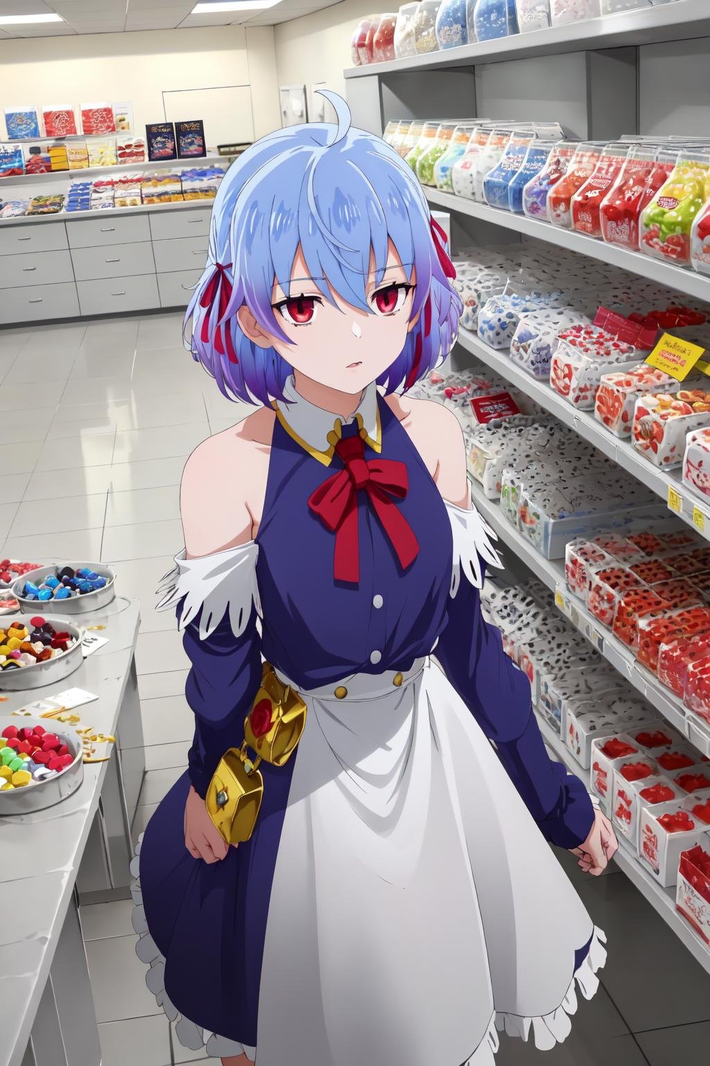 (exceptional, best aesthetic, new, newest, best quality, masterpiece, extremely detailed),<lora:Ruti_V2:0.75>,Ruti, 1girl, solo, hair ribbon, short hair, metal collar, red eyes, blue hair, ahoge, multicolored hair,  school uniform, skirt,  expressionless, hair between eyes, indoors, candy store, standing