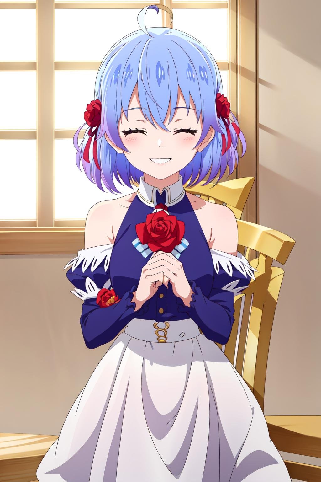 (exceptional, best aesthetic, new, newest, best quality, masterpiece, extremely detailed),<lora:Ruti_V2:0.7>,Ruti, 1girl, solo, closed eyes, blue hair, ribbon, smile, window, hair ribbon, short hair, clenched hands, ahoge, bare shoulders, flower, rose, multicolored hair, red flower, detached sleeves