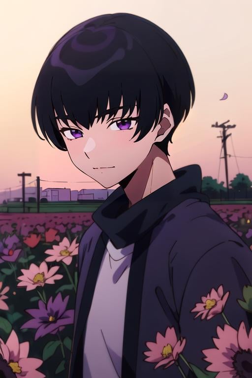 (best quality:1.1), (masterpiece:1.4), sketch, , upper body, depth of field, , (anime:1.4), 1boy, solo, male focus, <lora:mutsuki_naito:0.82>, mutsuki_naito, black hair, purple eyes, , bangs, , field of flowers, 4k resolution