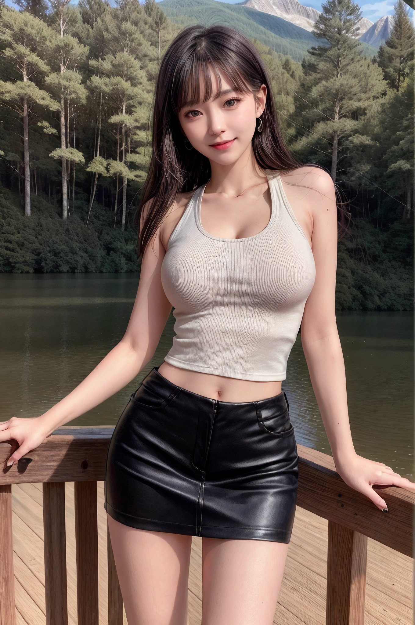 masterpiece, best quality, photorealistic, raw photo, sexy girl, beautiful girl, young girl, solo, Hyperrealistic, hyperdetailed, Photography,
Realism,natural daylight, ray tracing,
Subsurface scattering, realistic face, 
high-resolution, realistic style, 8k , 
stunning colors,detailed background,

detailed hair, beautiful face, perfect face,
 perfect skin , Blunt bangs, blush, earrings,
Standing ,sexy pose,
(tight mini skirt:1.2),messy_hair, 
(outdoor,countryside,lake,mountain,forest , wooden house,flower:1.2),(black short skirt:1.2),
,Detailedface, smiling, cleavage,(tank top :1.2),(cowboy shot:1.2),highheels,Tight Mini Skirt,(windly:1.2),realhands