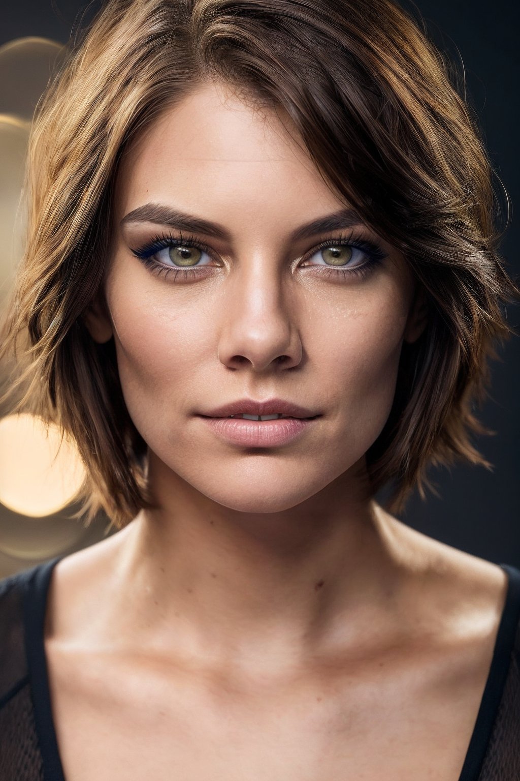 wo_lacohan01,  a (((Realistic))) Full Portrait Photo of a realistic woman in a dark theme,  simple background,  vogue,  focus,  confident,  staring,  smiling,  focused,  detailed eyes,  detailed face,  detailed pupils,  detailed iris,  detailed cheekbones,  detailed lips,  brown hair