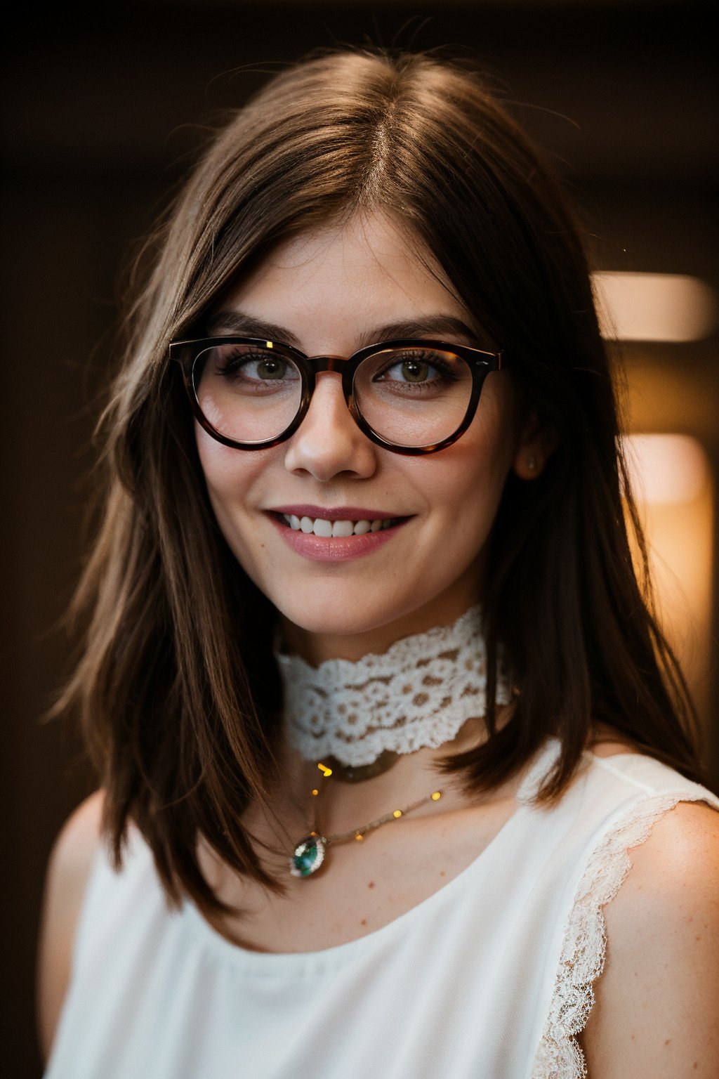 glasses, Sharp Focus, smile, wo_lacohan01, long brown hair, (close-up:0.8), low key lighting, shot on Lumix GH5, cinematic bokeh, lace choker, (simple background:1.2), teasing, detailed skin