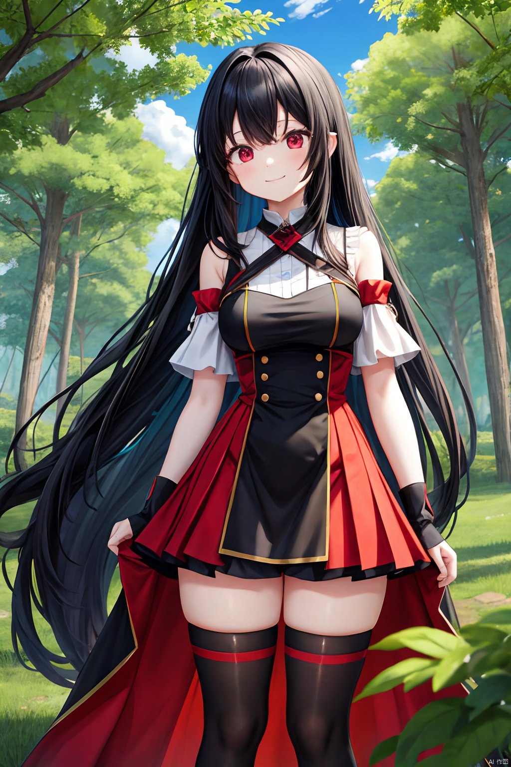 vibrant colors,  female,  masterpiece,  sharp focus,  best quality,  depth of field,  cinematic lighting,  red eyes,  black hair,  smile,  very long hair,  thick thighs,  outdoors,  black legwear,  town,  trees,  clouds,  foliage,  red and black dress,<lora:EMS-179-EMS:0.500000>