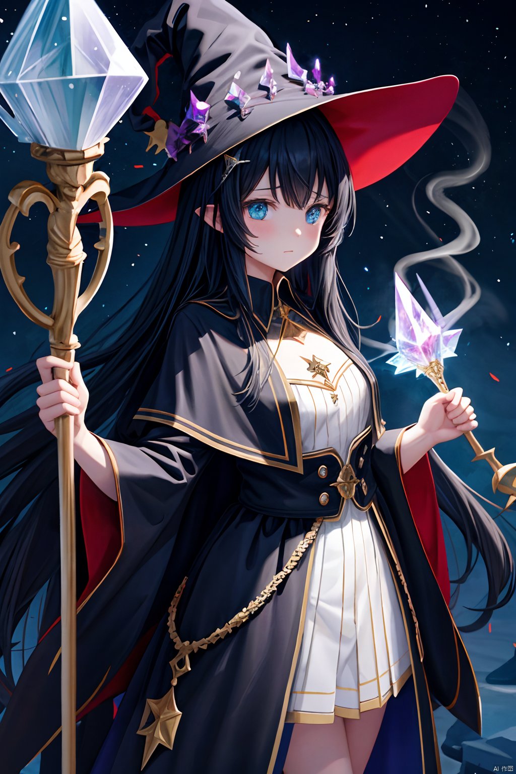 PURGATRIO,  1girl,  solo,  alone,  black hair,  long hair,  magic robe,  witch costume,  jewelled witch hat,  (beautiful crystal staff:1.4),  staff in left hand,  casting dark inferno magic spell PURGATRIO,  outside,  fireball,  starry sky,  night,  colorful particles,  masterpiece,  best quality,  (((ultra detailed))),  perfect anatomy,  depth of field,  (((illustration,  ))), explosionmagic, excessive energy, smoke, glowing aura,<lora:EMS-179-EMS:0.500000>