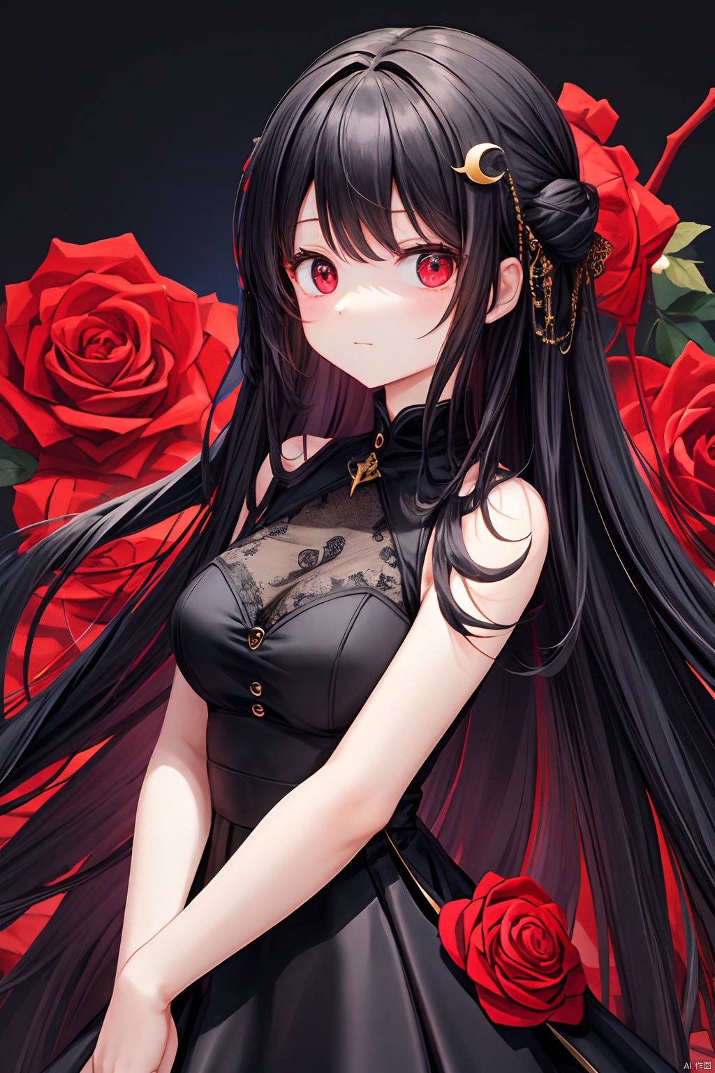 (female): solo,  (perfect face),  (detailed outfit),  (20 years old),  cute female,  long black hair,  long hair,  red rose hairpin,  red eyes,  (black dress)(background): night,  crescent moon(effects): (masterpiece),  (best quality),  (sharp focus),  (depth of field),  (high res),<lora:EMS-179-EMS:0.500000>