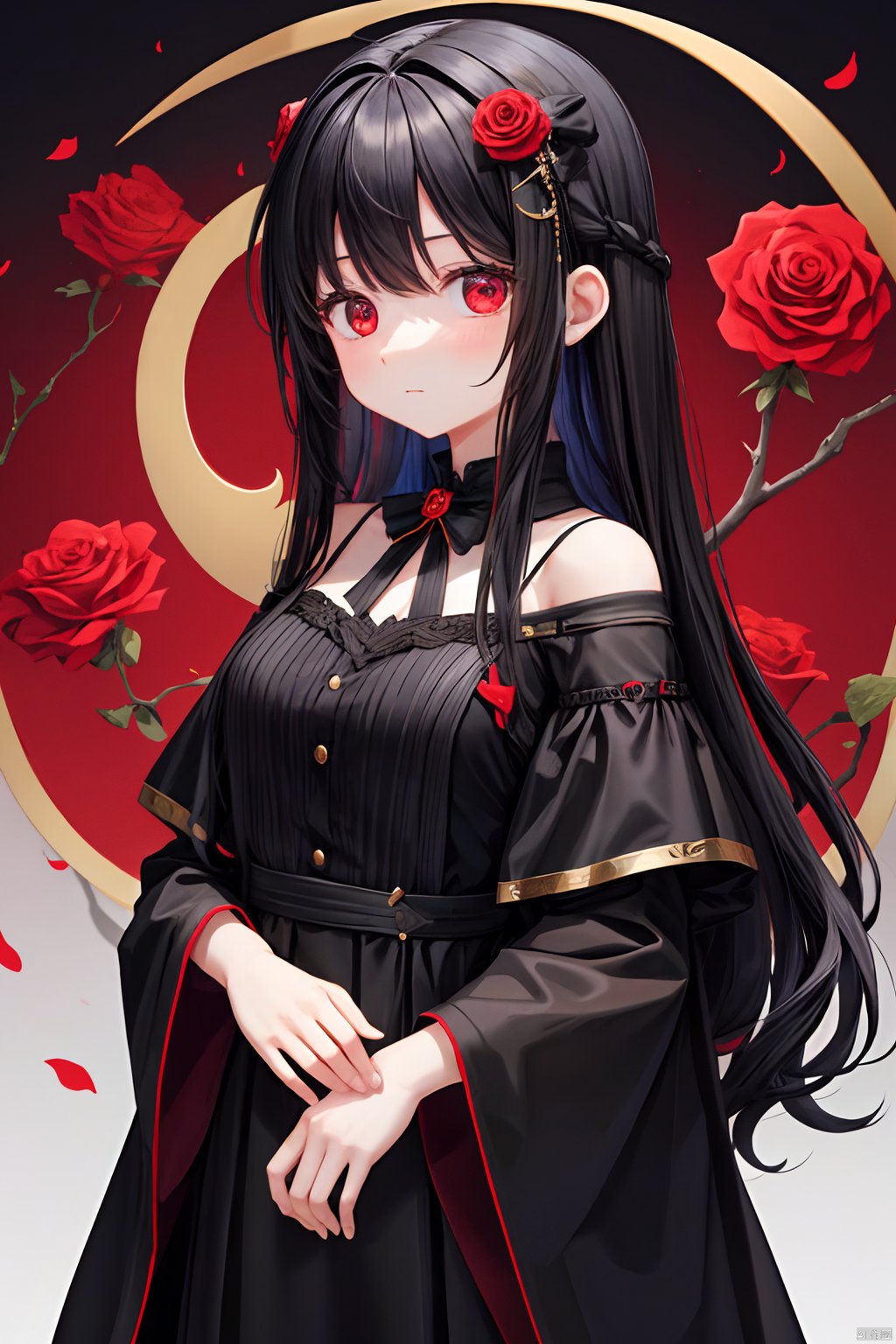 (female): solo,  (perfect face),  (detailed outfit),  (20 years old),  cute female,  long black hair,  long hair,  red rose hairpin,  red eyes,  (black dress)(background): night,  crescent moon(effects): (masterpiece),  (best quality),  (sharp focus),  (depth of field),  (high res),<lora:EMS-179-EMS:0.500000>