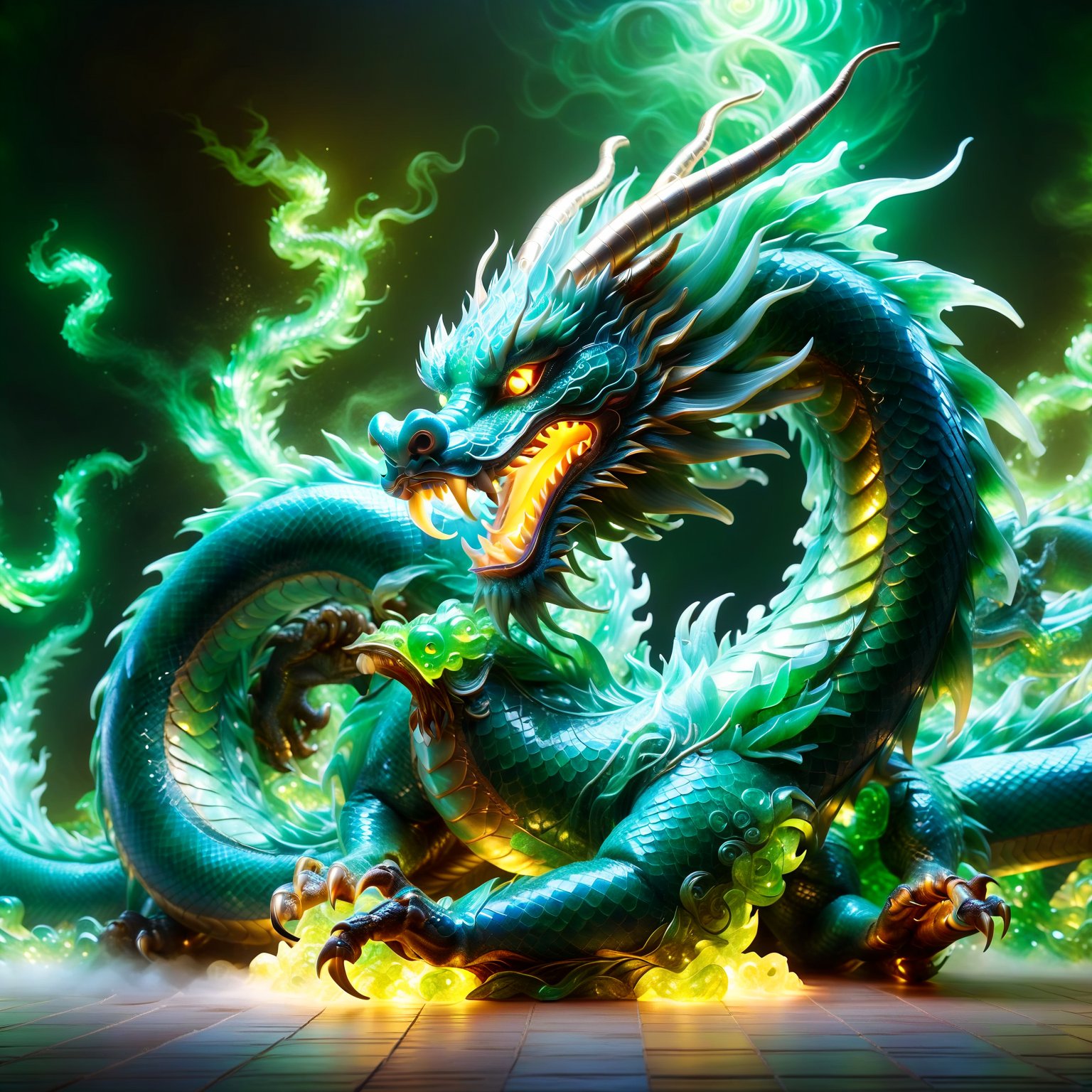 Chinese dragon made entirely of jade, shimmering and glowing, intricate jade texture, majestic and elegant, radiant green hues, sparkling with light, by FuturEvoLab, (masterpiece: 2), best quality, ultra highres, original, extremely detailed, perfect lighting, fantasy theme, magical aura,Katon