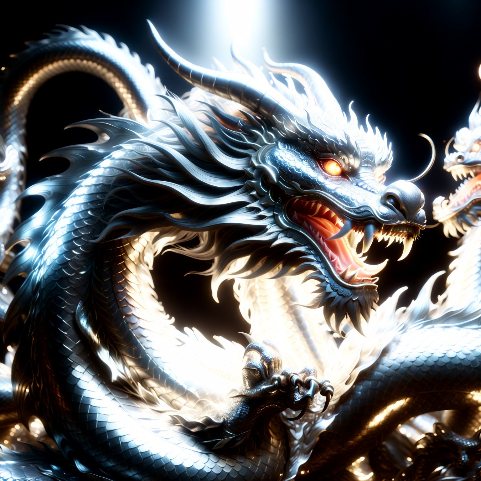 Chinese dragon made entirely of platinum, shimmering and glowing, intricate platinum texture, majestic and elegant, radiant silver hues, sparkling with light, by FuturEvoLab, (masterpiece: 2), best quality, ultra highres, original, extremely detailed, perfect lighting, fantasy theme, regal aura,Katon