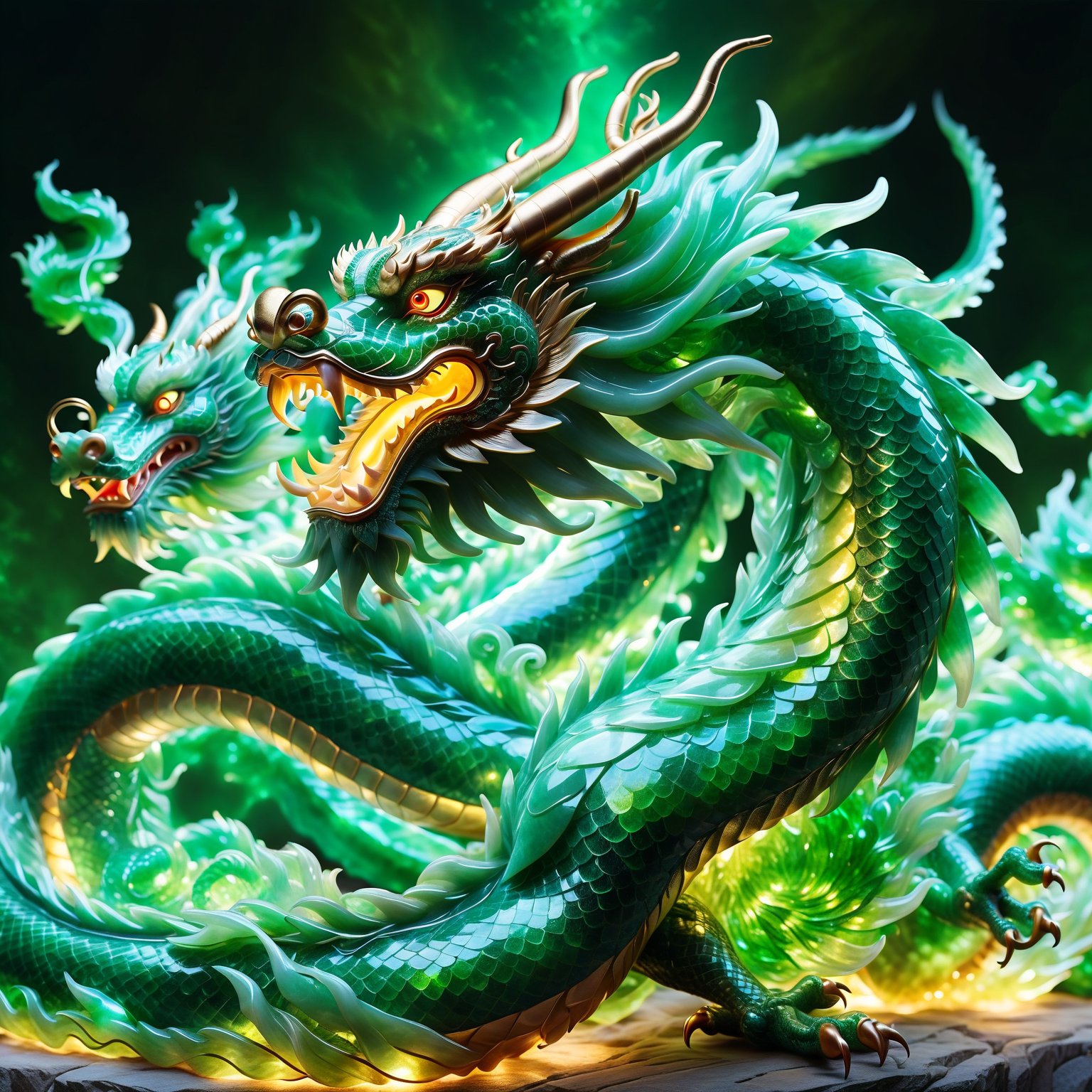 Chinese dragon made entirely of jade, shimmering and glowing, intricate jade texture, majestic and elegant, radiant green hues, sparkling with light, by FuturEvoLab, (masterpiece: 2), best quality, ultra highres, original, extremely detailed, perfect lighting, fantasy theme, magical aura