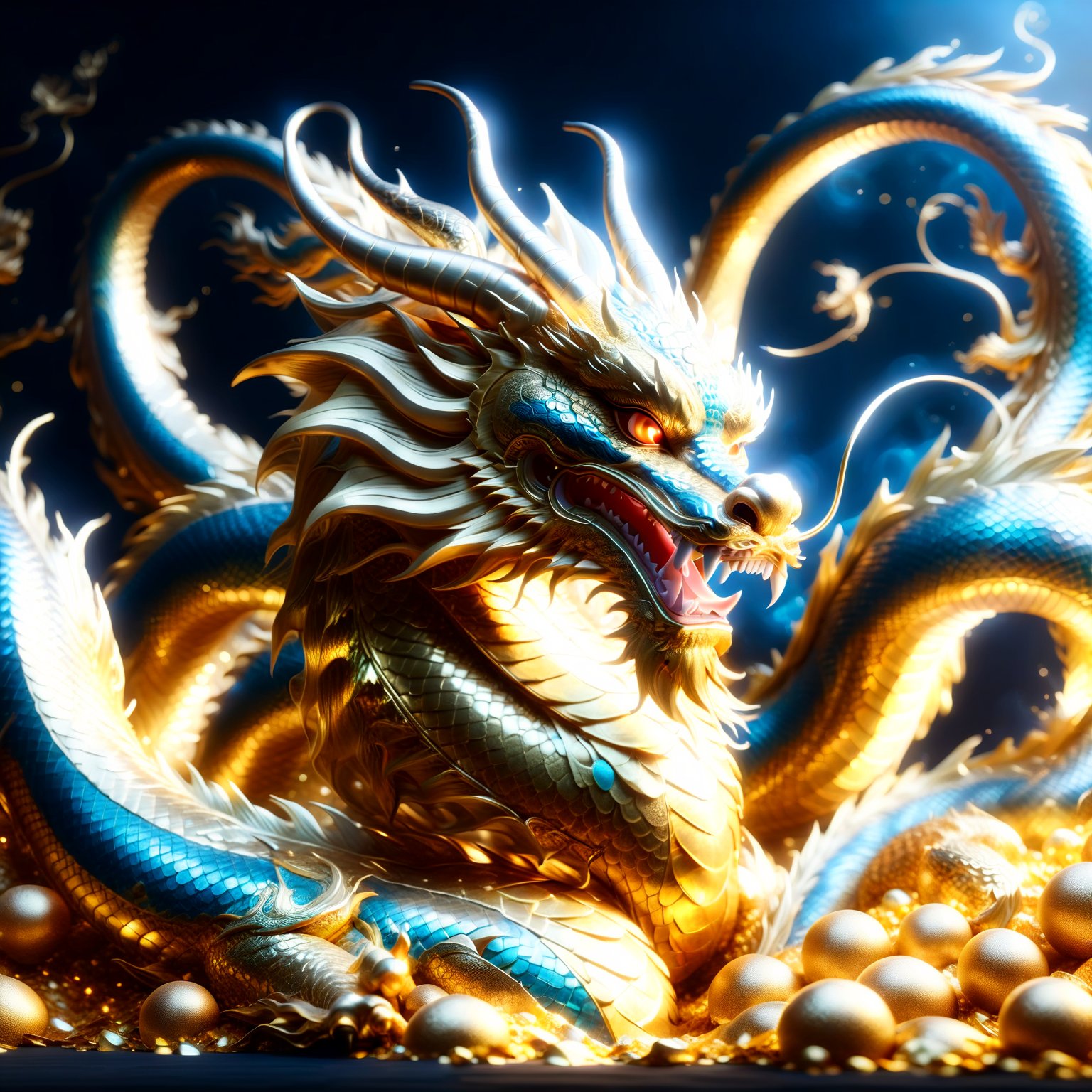 Chinese dragon made entirely of gold, shimmering and glowing, intricate gold texture, majestic and luxurious, radiant golden hues, sparkling with light, by FuturEvoLab, (masterpiece: 2), best quality, ultra highres, original, extremely detailed, perfect lighting, fantasy theme, regal aura,Katon