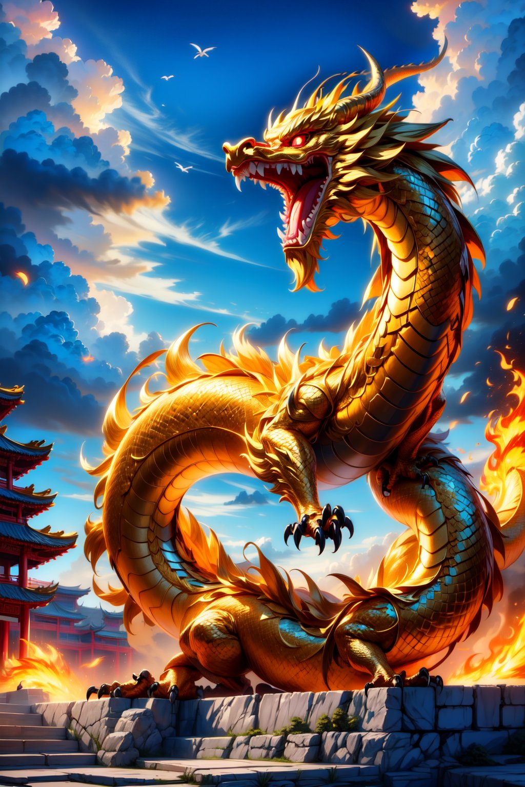 Best quality,masterpiece,ultra high res,nu no humans, (long:1.2), no humans, cloud, architecture, east asian architecture, red eyes, horns, open mouth, sky, fangs, chinese dragon, cloudy sky, teeth, flying, fire, bird, wings ,long, EpicArt
(Masterpiece, Best Quality, 8k:1.2), (Ultra-Detailed, Highres, Extremely Detailed, Absurdres, Incredibly Absurdres, Huge Filesize:1.1), (Anime Style:1.3), , Golden oriental dragon,Cyberpunk,Golden Chinese Dragon,Oriental Dragon,Goku