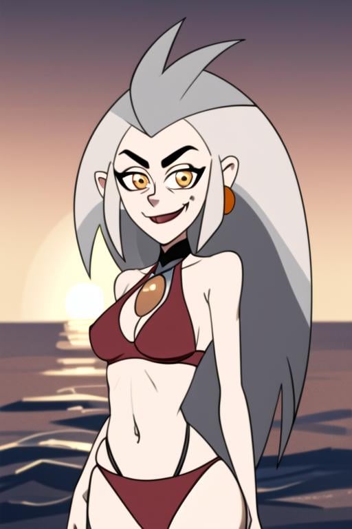 masterpiece, best quality, <lora:edalyn:0.8>, 1girl, solo, grey hair, long hair, yellow eyes, smile, looking at viewer, fang, red bikini, beach, jewelry, looking at viewer, sunlight, delicated ilumination, highly detailed, dark background, gradient background, tight clothes