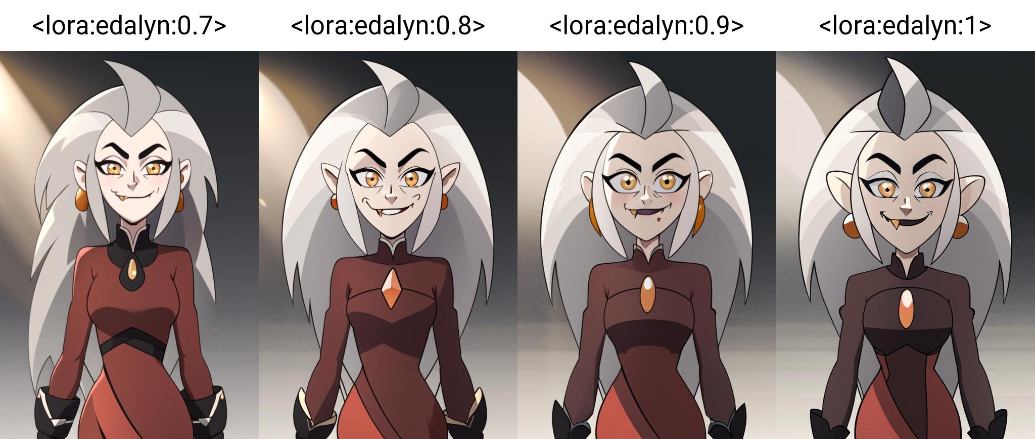 masterpiece, best quality, <lora:edalyn:0.7>, 1girl, solo, grey hair, long hair, yellow eyes, smile, looking at viewer, fang, red dress, long sleeves, jewelry, looking at viewer, sunlight, delicated ilumination, highly detailed, dark background, gradient background, tight clothes