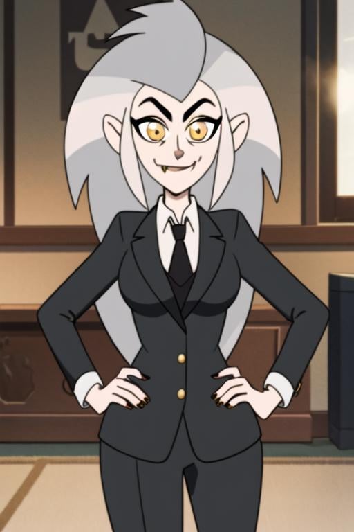 masterpiece, best quality, <lora:edalyn:0.8>, 1girl, solo, grey hair, long hair, yellow eyes, smile, looking at viewer, fang, suit, formal, black jacket, collared shirt, jewelry, looking at viewer, sunlight, delicated ilumination, highly detailed, indoors, elegant, standing, hands on hips, breasts, 