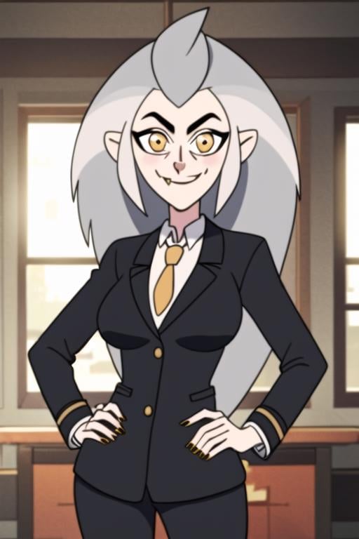 masterpiece, best quality, <lora:edalyn:0.8>, 1girl, solo, grey hair, long hair, yellow eyes, smile, looking at viewer, fang, suit, formal, black jacket, collared shirt, jewelry, looking at viewer, sunlight, delicated ilumination, highly detailed, indoors, elegant, standing, hands on hips, breasts, 