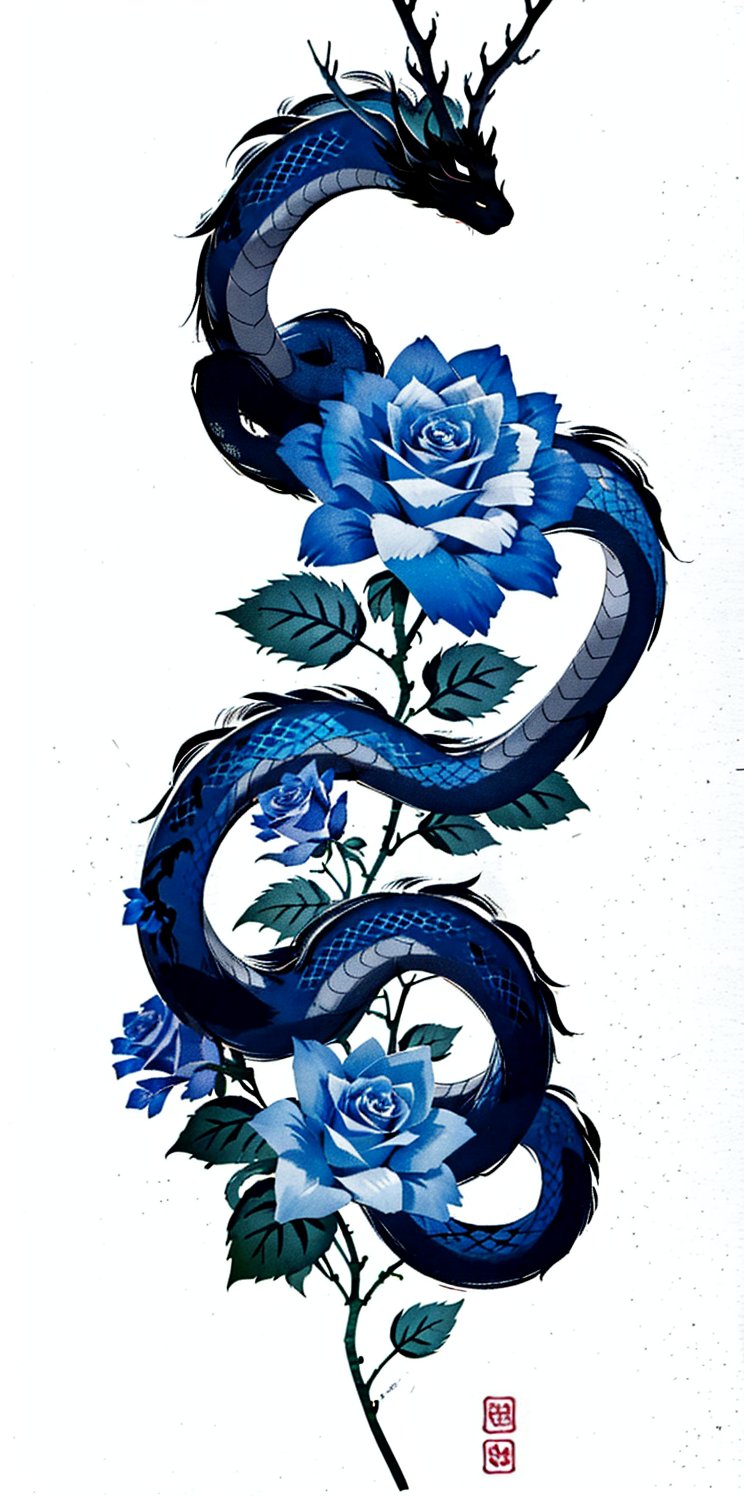 simple background, white background, flower, signature, no humans, rose, blue flower, dragon, blue rose, eastern dragon