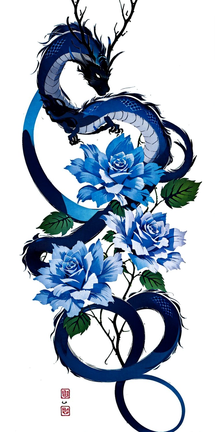 simple background, white background, flower, signature, no humans, rose, blue flower, dragon, blue rose, eastern dragon