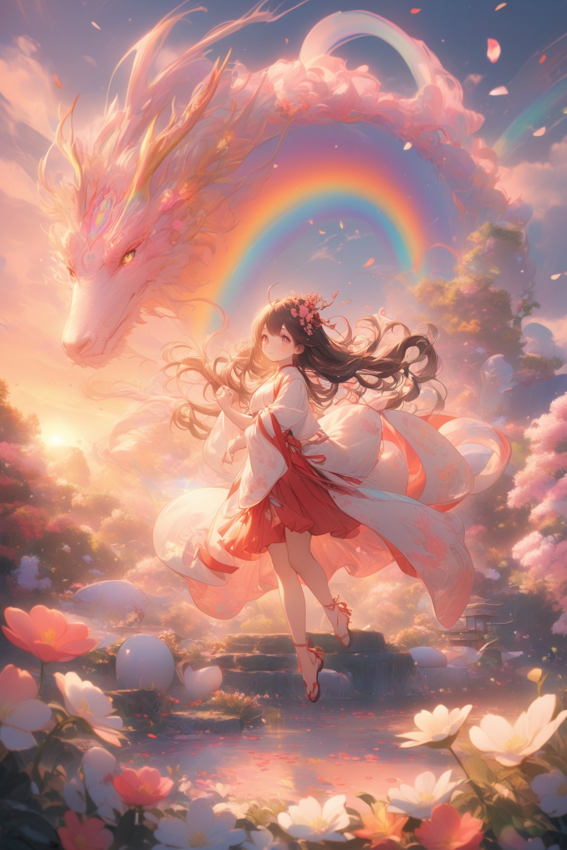 sfw, 8k, (absurdres, highres, ultra detailed), (1lady:1.3), young dragon miko woman with beautiful blowing hair and mesmerizing eyes, wearing a flowing dress made of petals, in a serene garden (filled with blooming flowers), a representation of beauty and grace, charming, cute, beautiful, ultra detailed, dream like shot, 8k, sunset, ((holographic))), (((rainbowish))), expressive, cinematic, dynamic pose,midjourney, full body,,phlg, black hair, pink highlight,,semirealistic,dragon-themed,dragonyear,miko dressing,miko ,long red hakama