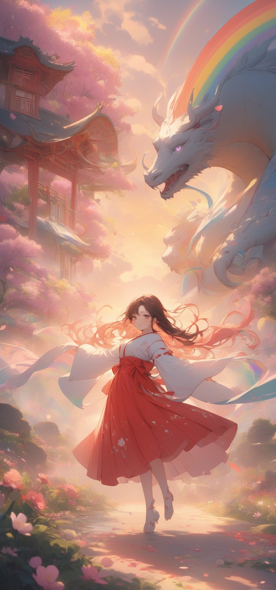 sfw, 8k, (absurdres, highres, ultra detailed), (1lady:1.3), young dragon miko woman with beautiful blowing hair and mesmerizing eyes, wearing a flowing dress made of petals, in a serene garden (filled with blooming flowers), a representation of beauty and grace, charming, cute, beautiful, ultra detailed, dream like shot, 8k, sunset, ((holographic))), (((rainbowish))), expressive, cinematic, dynamic pose,midjourney, full body,,phlg, black hair, pink highlight,,semirealistic,dragon-themed,dragonyear,miko dressing,miko ,long red hakama