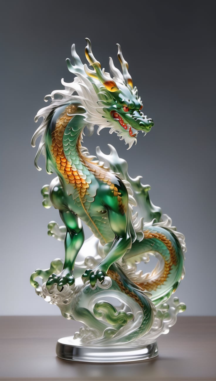 Generate an image of a sophisticated glass art rendition featuring dragon. The intricately crafted figurine stands elegantly on a desk, capturing the essence of high-end craftsmanship.Clear Glass Skin,dragon-themed