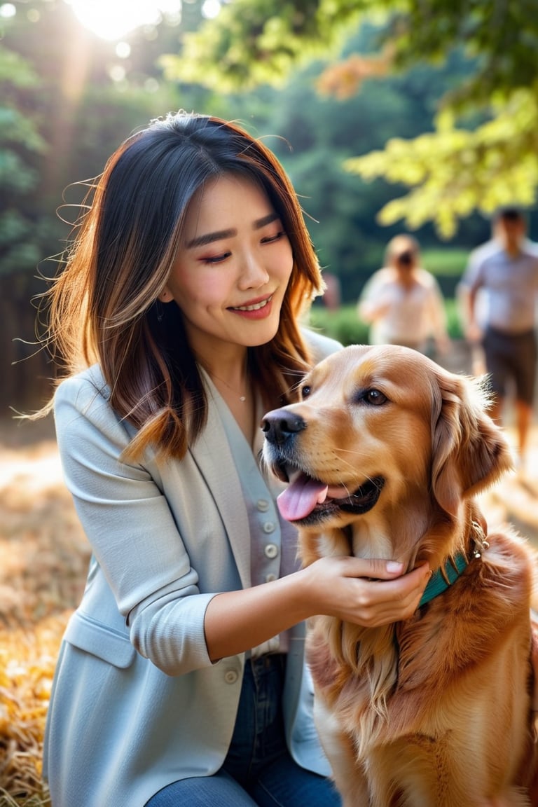 bellahuang,Professional portrait photo of women playing with a golden retriever, warm sunlight, natural setting, candid, high resolution, soft focus, summer day, serene.